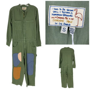 New Sandrine Rose x Free People Sz S Moss Green Jumpsuit Boiler Suit Patches NWT